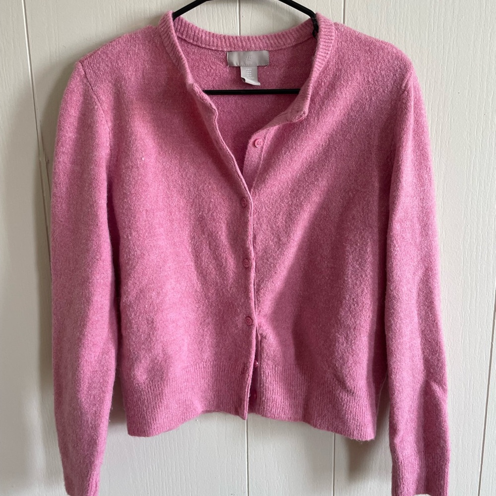 H&M Pink Fuzzy Knit Cropped Cardigan
